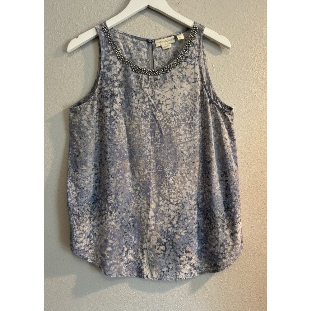 Cynthia‎ Rowley 100% Silk Beaded Tank Top Blue Watercolor Floral Blouse Large